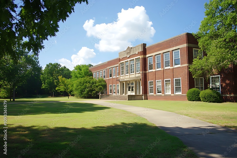 Brick School Building On Sunny Campus Day Brick School Building On Sunny Campus Day