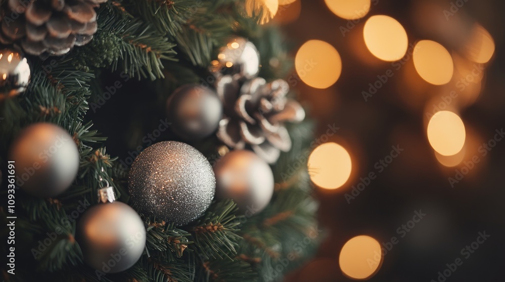 Silver Ornaments Adorn Festive Christmas Wreath Silver Ornaments Adorn Festive Christmas Wreath
