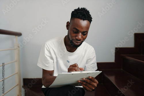 Person sitting on stairs writing notes on clipboard, appearing focused and engaged in task, wearing casual white t-shirt, using pen for notation, interior setting photo