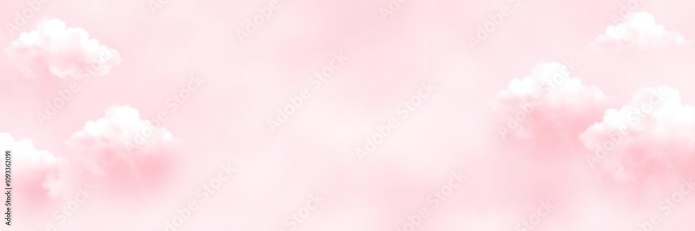 Soft watercolor pink background with fluffy white clouds scattered across the sky, ethereal quality, pastel colors Soft watercolor pink background with fluffy white clouds scattered across the sky, ethereal quality, pastel colors