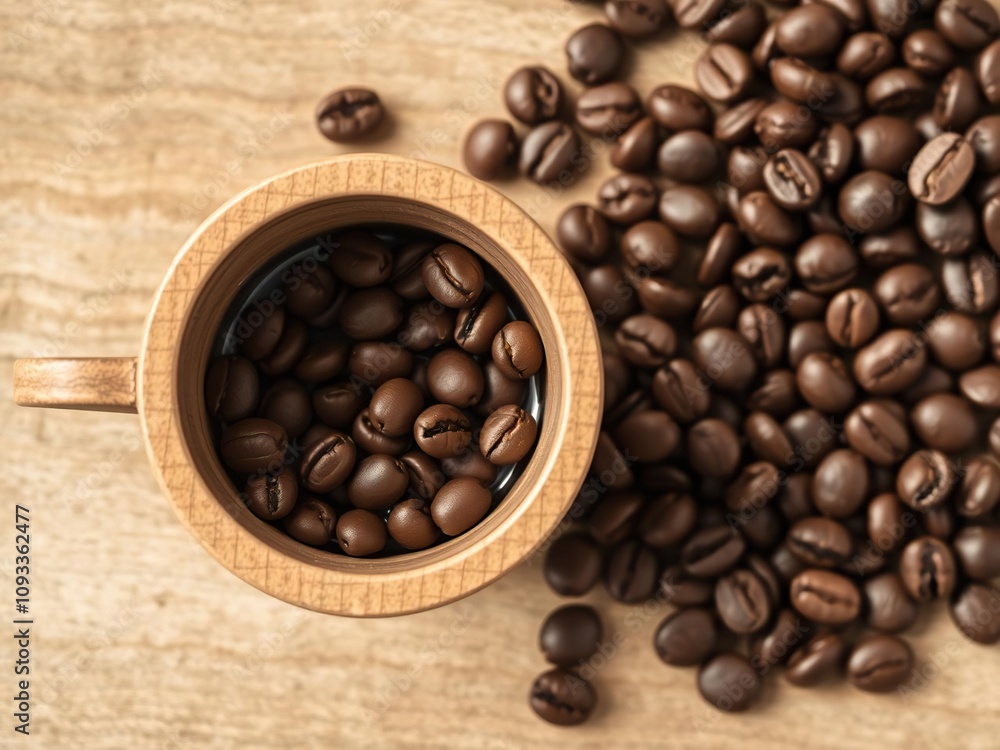 Fototapeta premium Single wooden cup with scattered coffee beans, solo serving, morning routine, solitary coffee