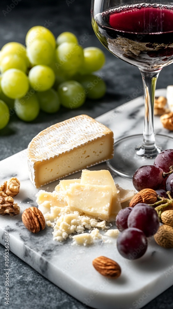 Elegant wine and cheese pairing: glass of red wine alongside assorted cheeses, fresh grapes, and mixed nuts on a marble board, perfect for gourmet tasting. Elegant wine and cheese pairing: glass of red wine alongside assorted cheeses, fresh grapes, and mixed nuts on a marble board, perfect for gourmet tasting.