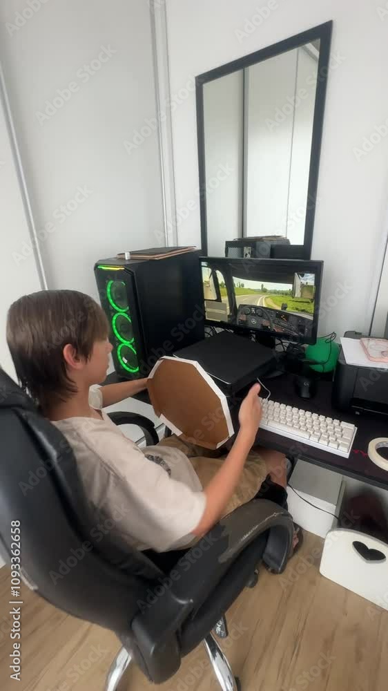 garoto jogando no pc com volante improvisado