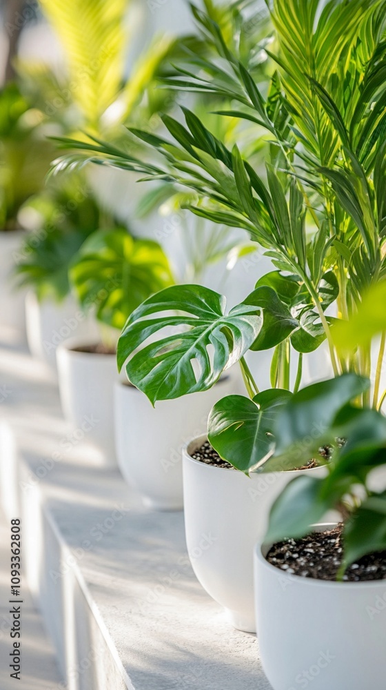 Lush tropical houseplants in white pots line a sunlit windowsill, creating a vibrant indoor jungle atmosphere with their varied green foliage and shapes. Lush tropical houseplants in white pots line a sunlit windowsill, creating a vibrant indoor jungle atmosphere with their varied green foliage and shapes.