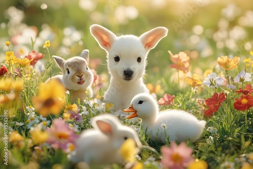 cute animals in a spring meadow with a puppy, rabbits, and a duckling surrounded by blooming flowers