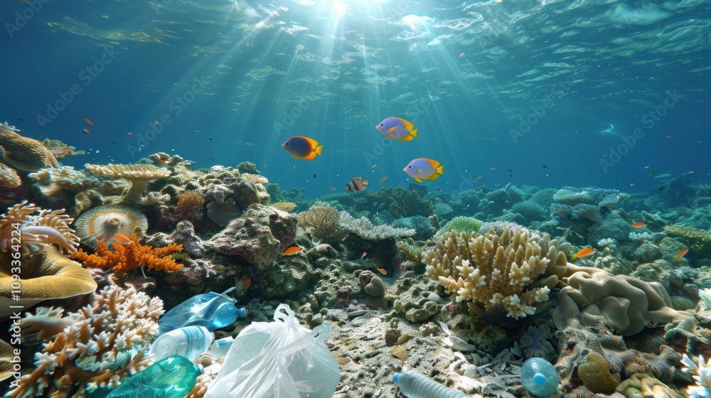 Obraz premium Colorful marine life swims amidst plastic pollution on a coral reef, showcasing the environmental impact of human waste on underwater ecosystems