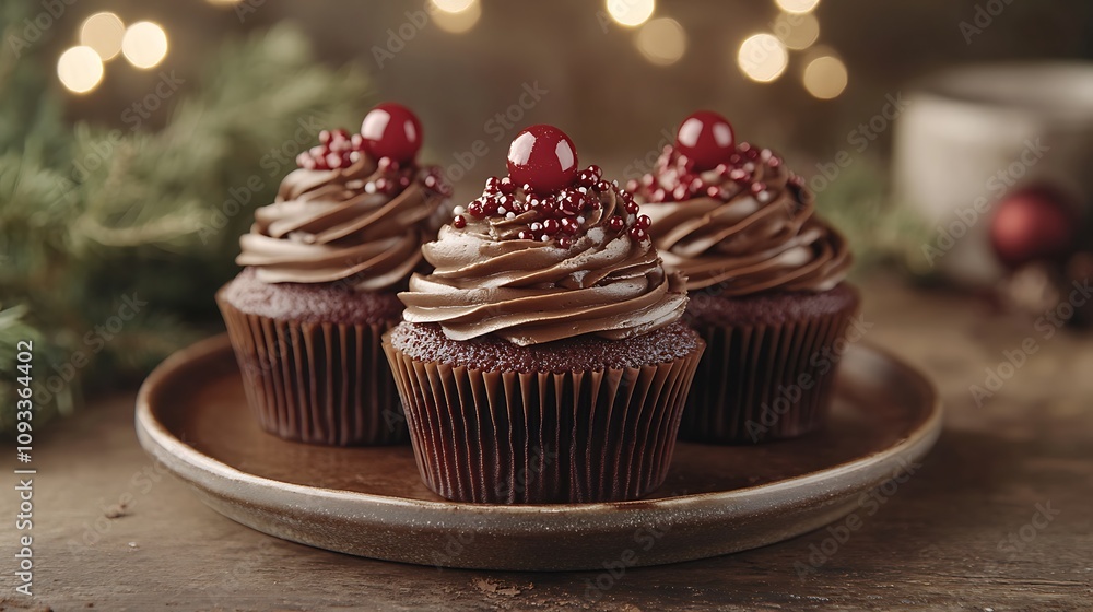 Chocolate cupcakes with decorative holiday toppers and liners styled on a rustic table with soft vignette lighting Chocolate cupcakes with decorative holiday toppers and liners styled on a rustic table with soft vignette lighting