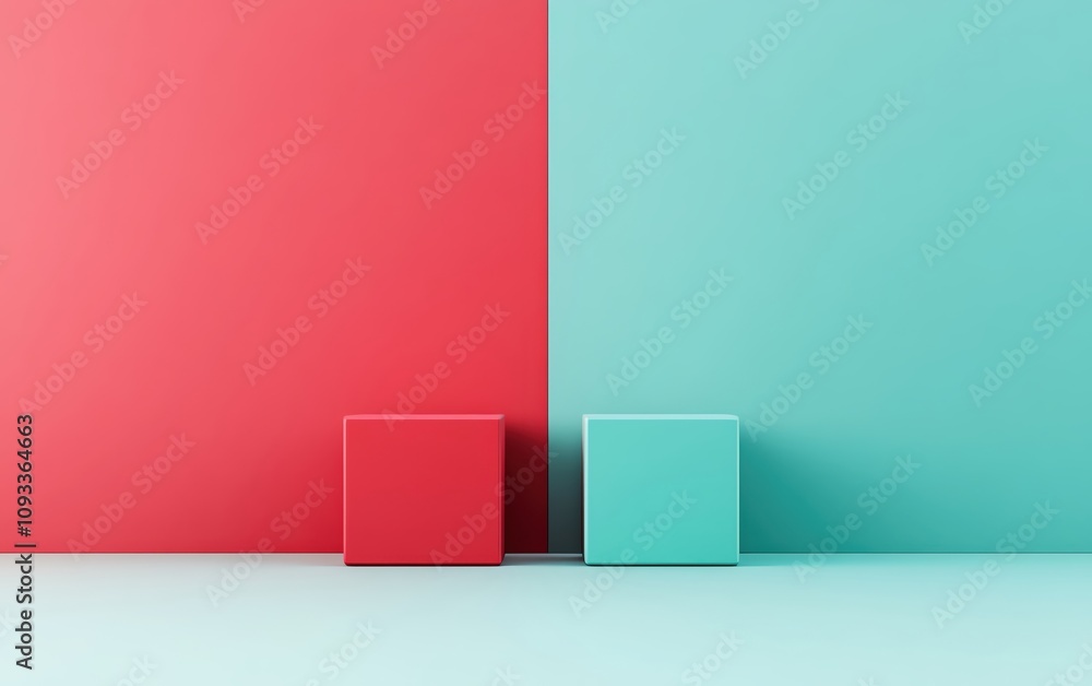 Minimalist design featuring red and teal cubes against contrasting colored walls. Minimalist design featuring red and teal cubes against contrasting colored walls.