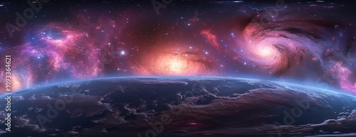 360 degree equirectangular projection space background with nebula and stars, environment map. HDRI spherical panorama, Generative AI