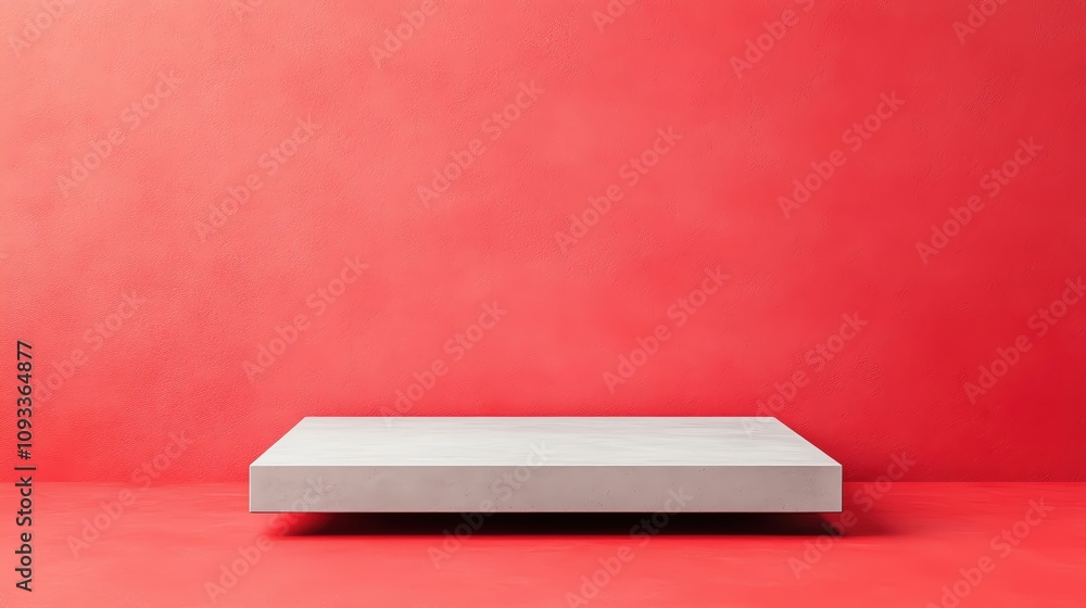 Minimalist display platform on a vibrant red background for product presentation. Minimalist display platform on a vibrant red background for product presentation.