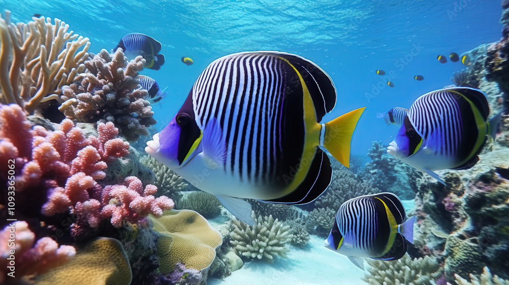 Fototapeta premium Grupo de peces ángel emperador nadando sobre arrecifes de coral en aguas tropicales cristalinas.