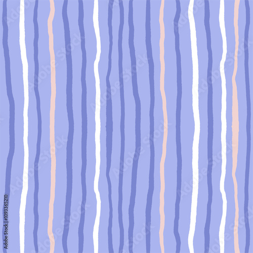 Striped seamless pattern. Vintage colours background. Blue wavy stripes. Hand drawn vertical lines on white backdrop.