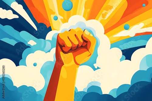 A Powerful Fist Rises Through Colorful Cloudscape