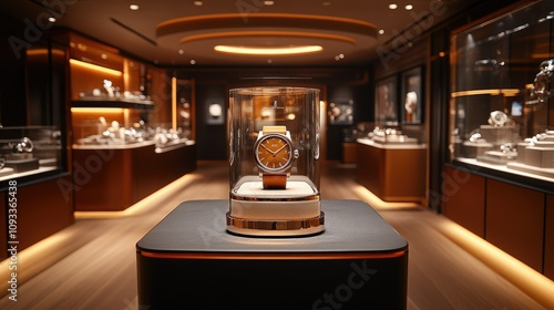 A luxury watch displayed in a modern showroom, highlighting craftsmanship and elegance.
