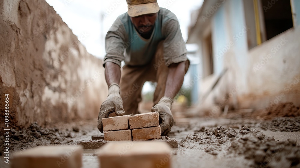 A construction worker uses bricks to lay down a concrete floor in a house. The focus is blurred in the background. A construction worker uses bricks to lay down a concrete floor in a house. The focus is blurred in the background.