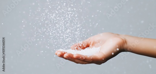 A close-up of a hand gently releasing sparkling granules into the air.