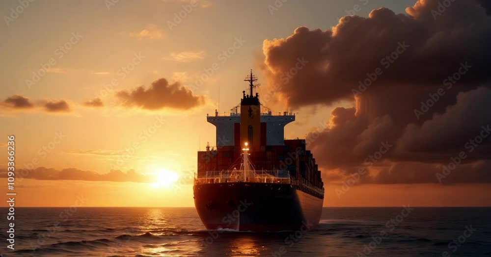 A massive cargo ship sailing in the ocean at sunset. 03 A massive cargo ship sailing in the ocean at sunset. 03