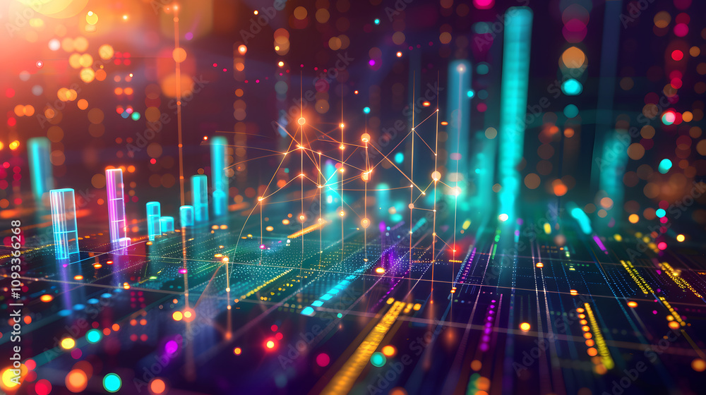 Detailed data visualization landscape with bar charts, pie graphs, and intricate glowing nodes Detailed data visualization landscape with bar charts, pie graphs, and intricate glowing nodes