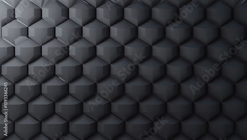 Digital abstract artwork featuring tessellated 3D hexagons in dark gray tones with soft lighting, gradients, and shadows for a sleek, modern aesthetic.