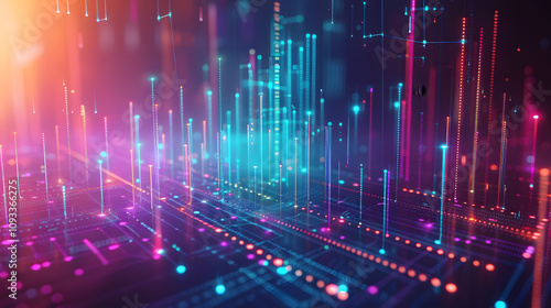 Dynamic data visualization texture with bar charts, pie graphs, and interconnected glowing nodes