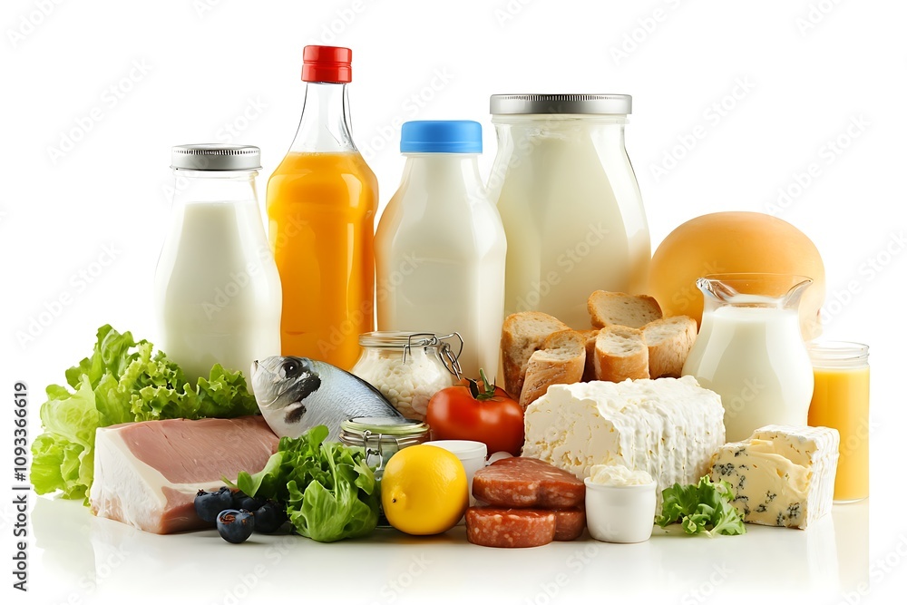 Dairy Products Meat Fish Vegetables And Bread Arranged Together Dairy Products Meat Fish Vegetables And Bread Arranged Together