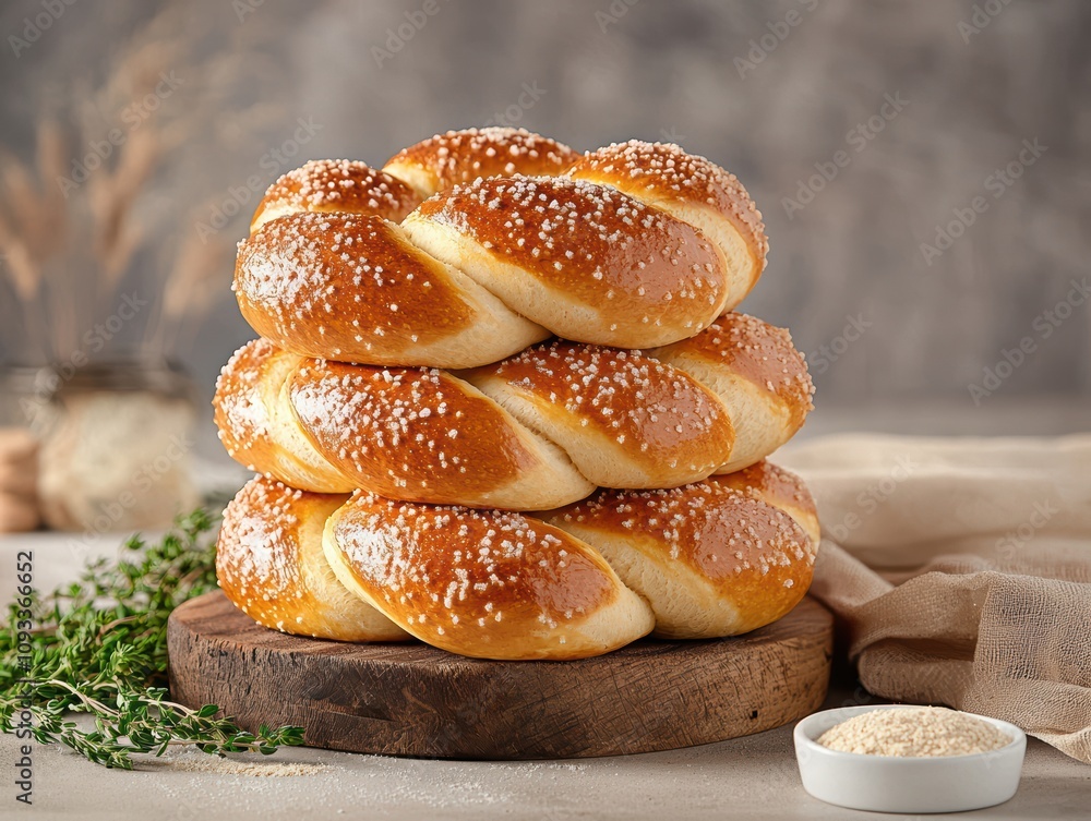 Freshly baked, golden-brown pretzels topped with sea salt, perfect for any snack occasion. Freshly baked, golden-brown pretzels topped with sea salt, perfect for any snack occasion.