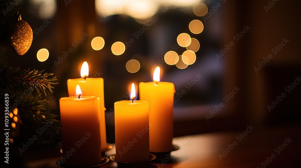 Golden Candles Glow Beside Christmas Tree Golden Candles Glow Beside Christmas Tree