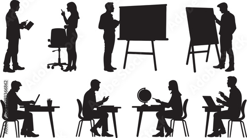 Vector Black and white vector silhouettes of women in various business and educational settings, including presentations, meetings, teaching, and discussions