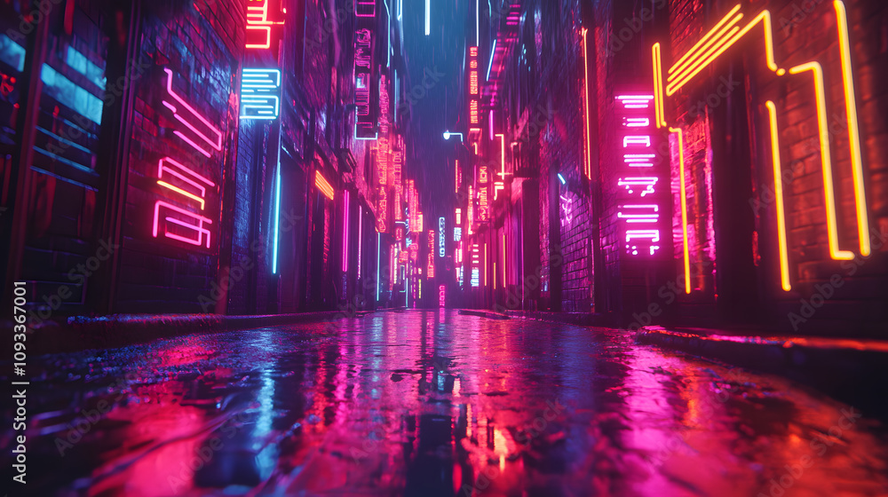 Dynamic neon lights background with glowing tubes, vibrant colors, and reflective alley surface Dynamic neon lights background with glowing tubes, vibrant colors, and reflective alley surface