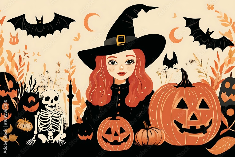 Witch With Pumpkins Bats And Skeleton For Halloween Witch With Pumpkins Bats And Skeleton For Halloween