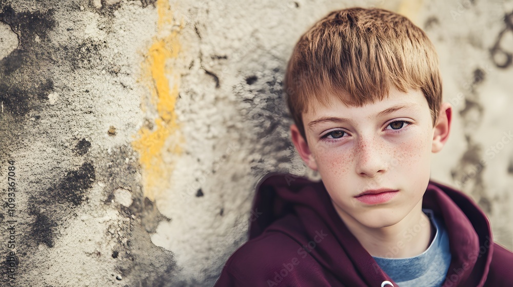 Young boy with red hair leaning against a textured wall, wearing a burgundy hoodie. Young boy with red hair leaning against a textured wall, wearing a burgundy hoodie.