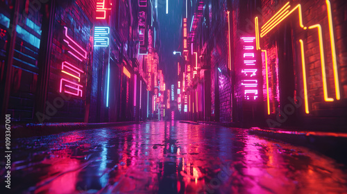 Dynamic neon lights background with glowing tubes, vibrant colors, and reflective alley surface