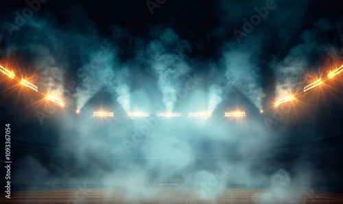 Bright stadium arena lights and smoke, Generative AI