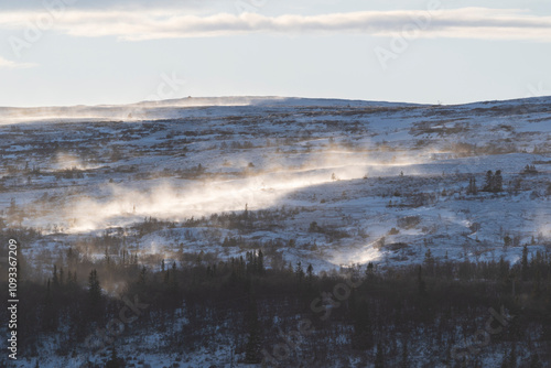 Windy day in winter mountains