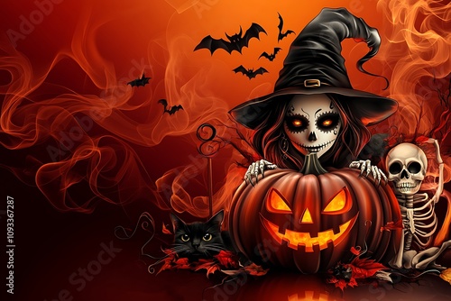 Halloween Witch Sugar Skull Pumpkin Bats Cat Skeleton photo