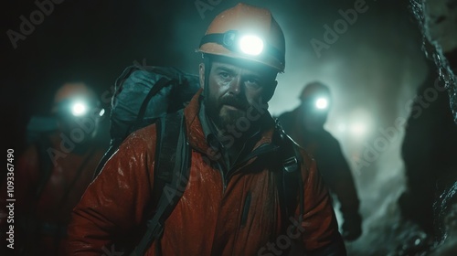 Group of miners emerging from a dark cave with headlamps illuminating the misty air, showcasing teamwork, resilience, and determination in a challenging underground environment