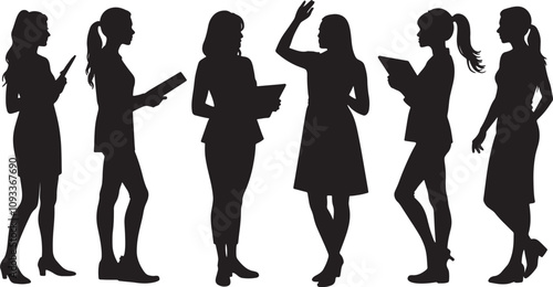Vector Black and white vector silhouettes of women in various business and educational settings, including presentations, meetings, teaching, and discussions