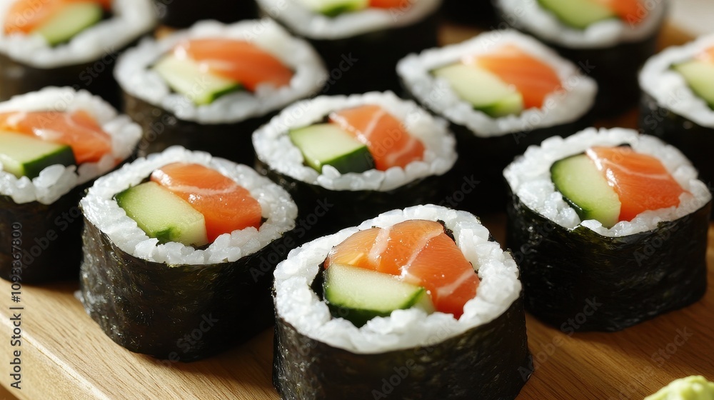 A close-up of sushi rolls artfully arranged on a wooden board, with vibrant colors from fresh fish, avocado, and cucumber, garnished with wasabi and soy sauce A close-up of sushi rolls artfully arranged on a wooden board, with vibrant colors from fresh fish, avocado, and cucumber, garnished with wasabi and soy sauce