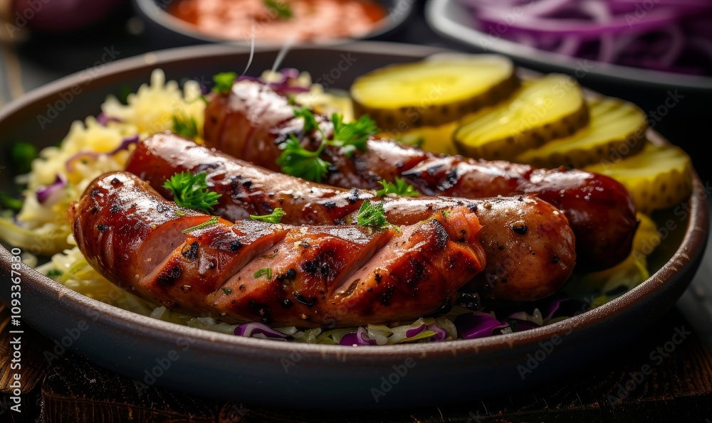closeup food photography of super delicious plated dish of steaming merguez sausages, with sliced cabbage and pickles on the side, served in a plate, barbecue, Generative AI closeup food photography of super delicious plated dish of steaming merguez sausages, with sliced cabbage and pickles on the side, served in a plate, barbecue, Generative AI