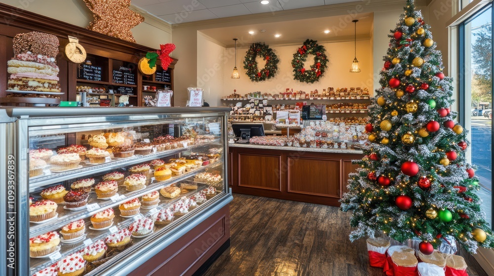 Festive Bakery Display with Christmas Tree and Cakes Festive Bakery Display with Christmas Tree and Cakes