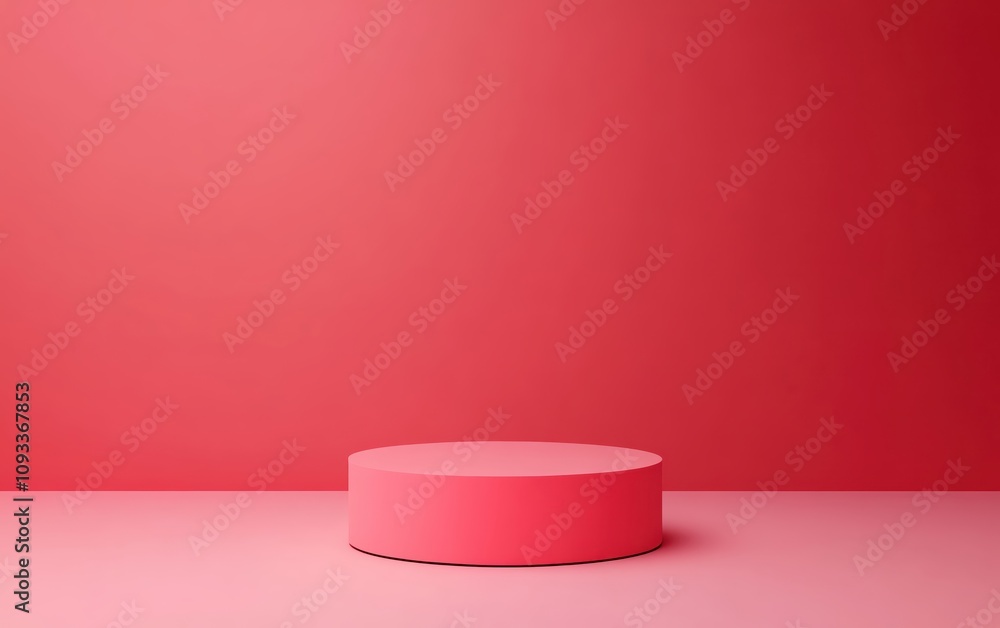 A minimalist red background featuring a circular platform for product showcasing. A minimalist red background featuring a circular platform for product showcasing.