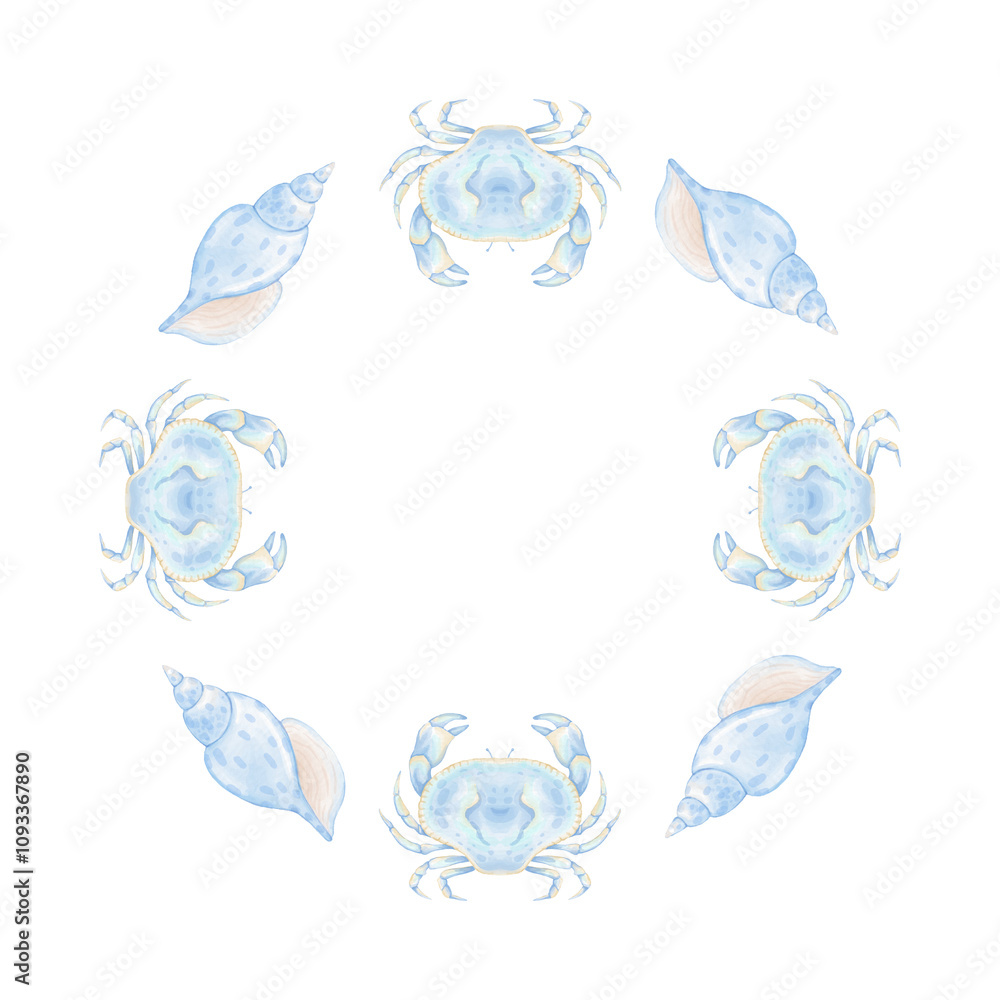 crab, seashell. Watercolor round frame template on white background in pastel colors. Cute illustration of sea products for textile and wrapping paper crab, seashell. Watercolor round frame template on white background in pastel colors. Cute illustration of sea products for textile and wrapping paper