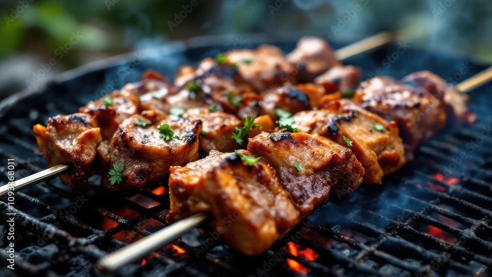 Grilled kebabs with juicy meat pieces sizzling on a metal skewer over a smoky campfire, surrounded by nature, cooking outdoors, steam rising, golden light filtering through trees Grilled kebabs with juicy meat pieces sizzling on a metal skewer over a smoky campfire, surrounded by nature, cooking outdoors, steam rising, golden light filtering through trees