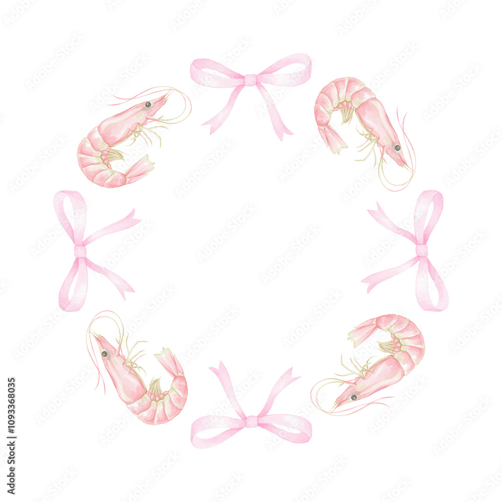 shrimp, bow. Watercolor round frame template on white background in pastel colors. Cute seafood illustration for textile and wrapping paper shrimp, bow. Watercolor round frame template on white background in pastel colors. Cute seafood illustration for textile and wrapping paper