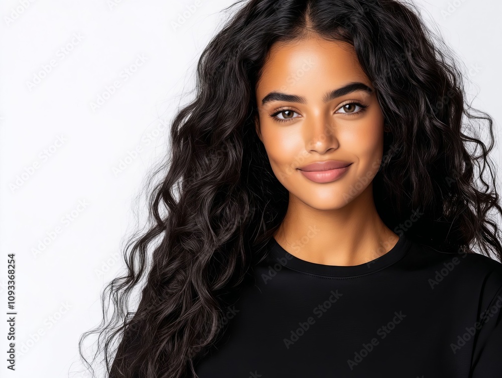 A woman with long black hair wearing a black top A woman with long black hair wearing a black top