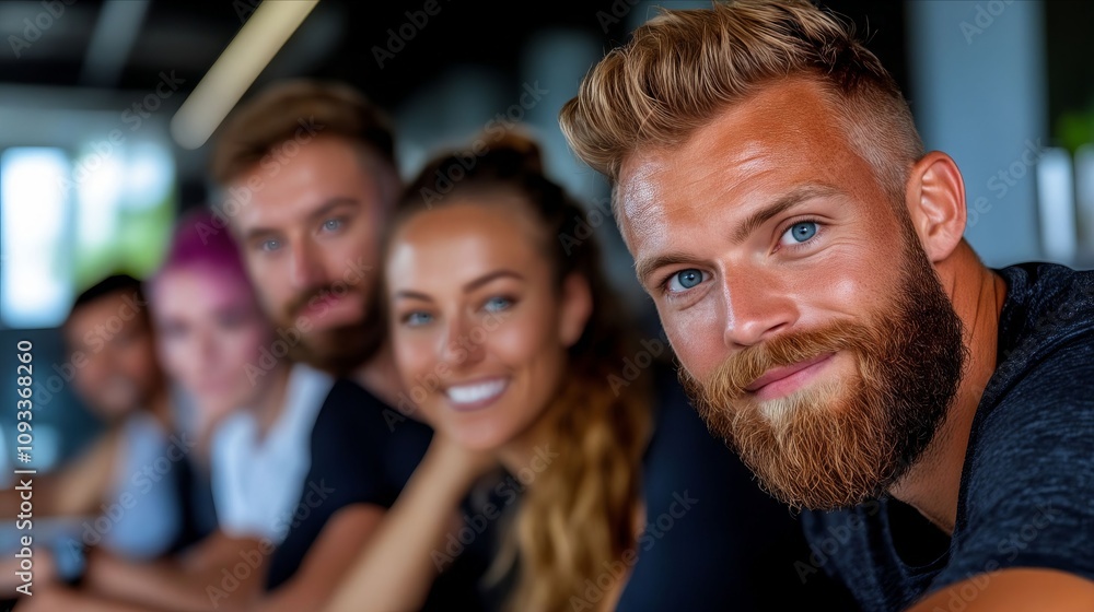 A group of people sitting at a table smiling at the camera A group of people sitting at a table smiling at the camera