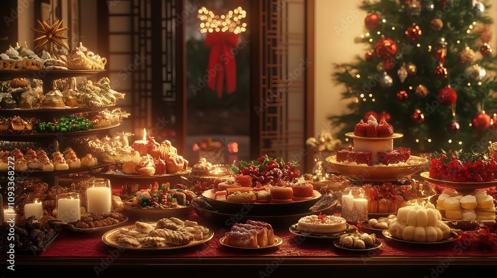 Fototapeta premium A festive Asian dining table is adorned with various decorated foods, candles, and desserts. A Christmas tree adds a cozy holiday touch as the table awaits the start of the Xmas party. 