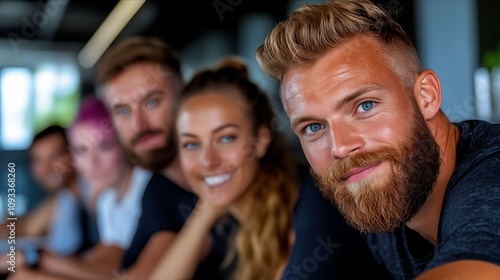 A group of people sitting at a table smiling at the camera