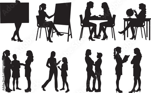 Vector Black and white vector silhouettes of women in various business and educational settings, including presentations, meetings, teaching, and discussions