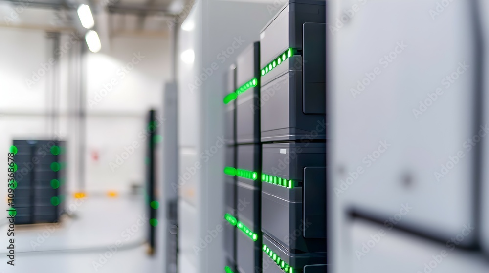 Sustainable Energy Battery Storage Room with Green LED Indicators - Innovative Renewable Energy Solutions for Efficient Power Management in Modern Server Environments Sustainable Energy Battery Storage Room with Green LED Indicators - Innovative Renewable Energy Solutions for Efficient Power Management in Modern Server Environments